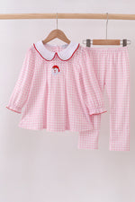 Pink santa claus embroidery gingham pants set