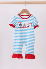 Blue character embroidery stripe ruffle romper