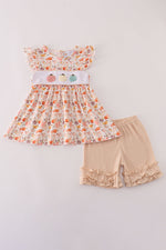 Beige french knot ruffle shorts set