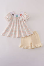 Neutral plaid french knot ruffle shorts set