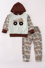 Camouflage truck pumpkin applique stripe hoodie set