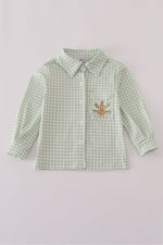 Sage turkey embroidery gingham button down shirt