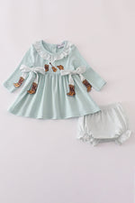 Blue boots embroidery ruffle bloomer set