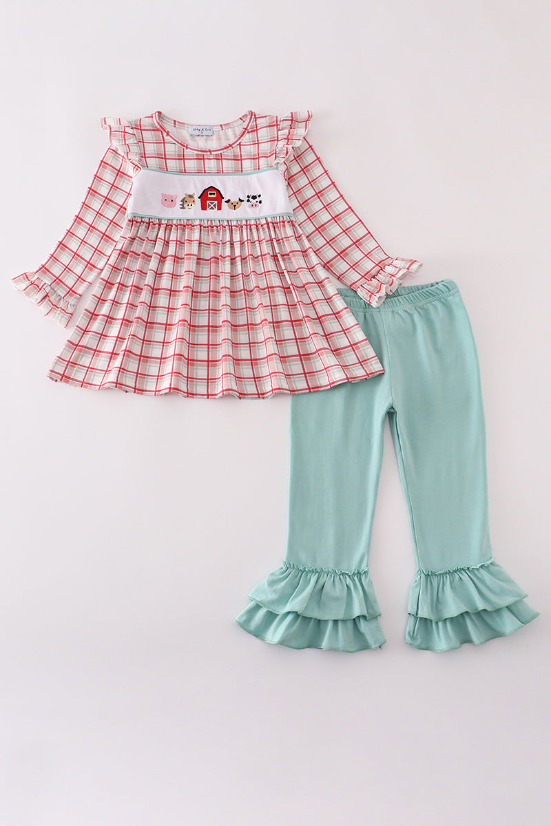 Red plaid farm embroidery ruffle pants set