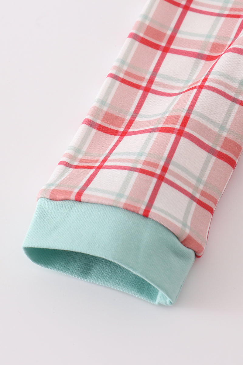 Red plaid farm embroidery romper