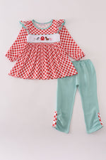 Red farm smocked ruffle pants set