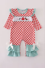 Red farm smocked ruffle romper