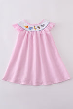 Pink seersucker animal embroidery dress