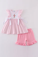 Pink cross embroidery bow set
