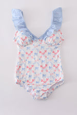 Blue bow lattice print  mom swimsuit