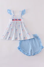 Blue flag embroidery smocked shorts set