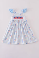 Blue flag embroidery smocked gingham dress
