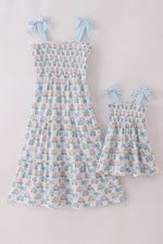 Blue hydrangea bow smocked mom&me dress
