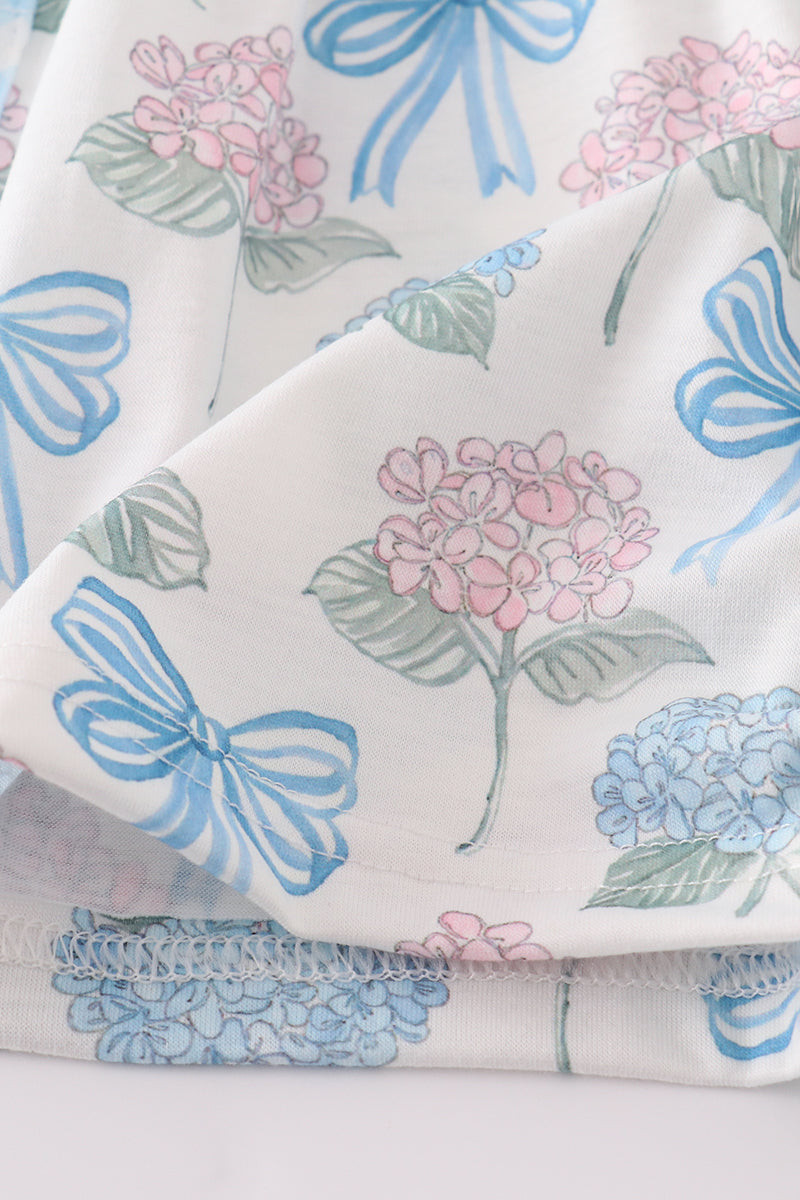 Blue hydrangea bow print ruffle bloomer set