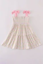 Pink lemon print bow smocked tiered mom&me dress