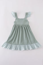 Sage stripe flutter trim ruffle dress