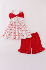 Red apple bow ruffle shorts set