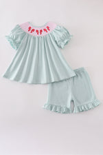 Blue bow pearl smocked ruffle shorts set