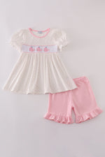 Pink whale embroidery smocked ruffle shorts set