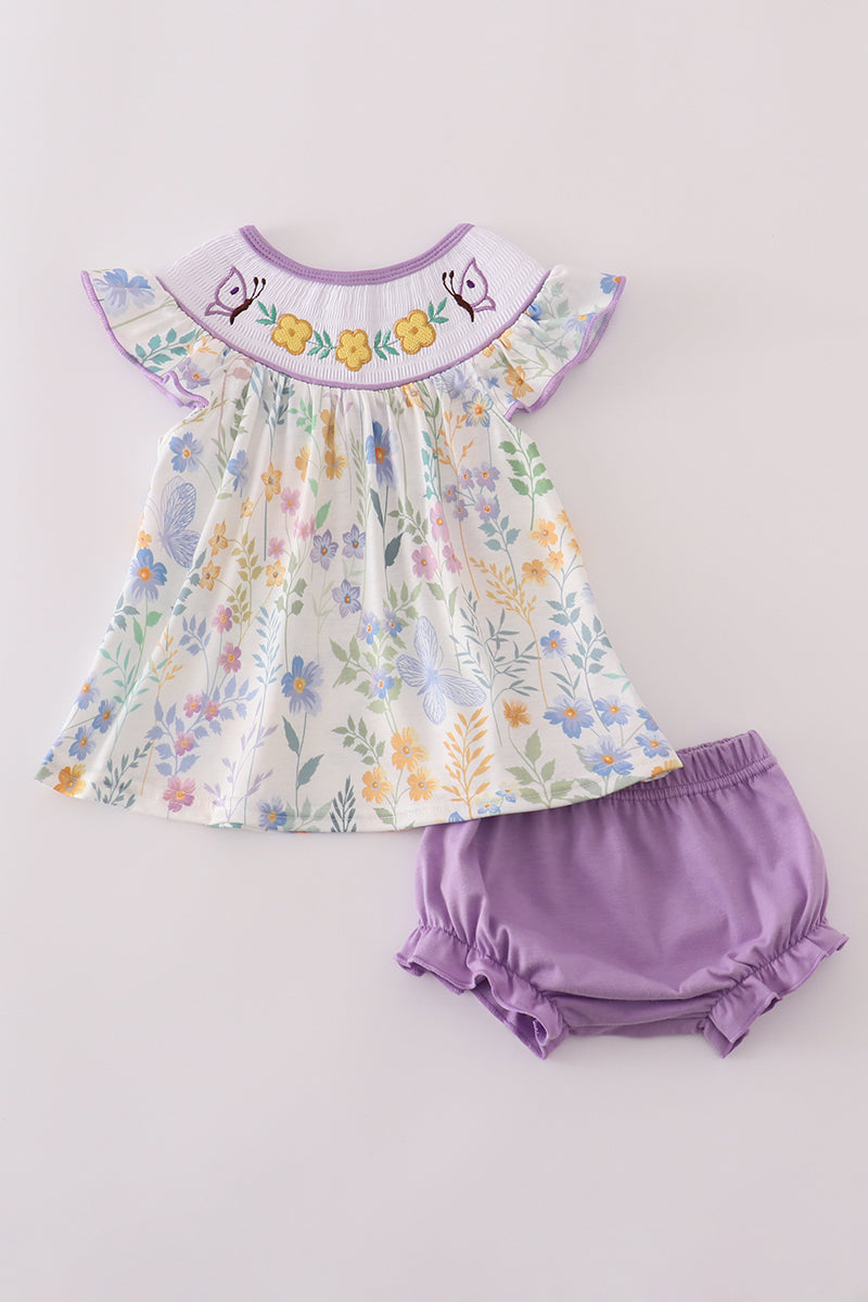 Purple floral embroidery smocked bloomer set