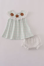 Green plaid sea shell french knot ruffle bloomer set