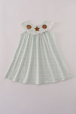 Green plaid sea shell french knot ruffle dress