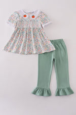 Green floral pumpkin embroidery smocked ruffle pants set