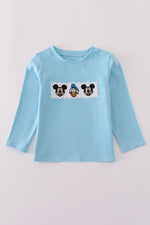 Blue character embroidery top