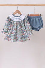 Blue floral blessed embroidery bloomer set