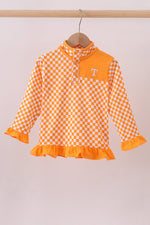 Orange Tennessee checkered pullover ruffle top