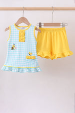 Blue gingham butterfly & bee pocket ruffle shorts set
