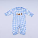Blue gingerbread hand smocked gingham romper