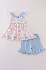 Blue floral bow ruffle shorts set