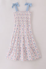 Blue floral bow print smocked mom dress