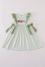 Green farm cow embroidery gingham ruffle dress