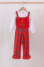 Red tree embroidery plaid ruffle jumpsuit set