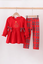Red tree embroidery plaid bow pants set