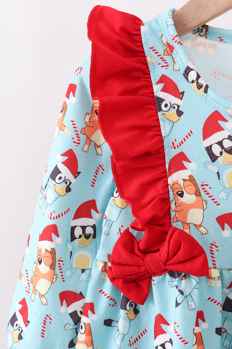 Blue christmas character print ruffle pants set