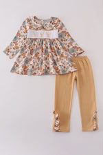 Khaki deer embroidery floral pants set