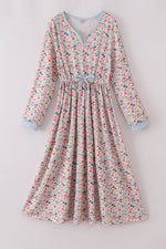 Pink&blue floral print women dress