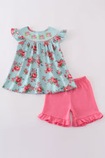Rosebud bliss print smocked girl set