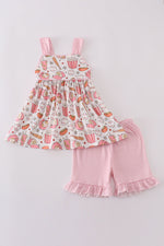 Pink baseball print gingham ruffle shorts set