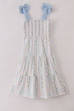 Blue floral print smocked women dress