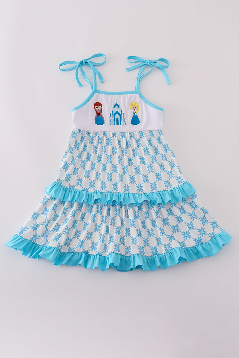 Blue character embroidery ruffle tiered dress