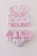 Pink bow embroidery 2pc swimsuit set UPF50+