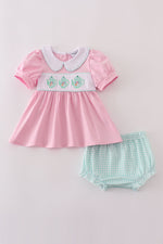 Pink teapot embroidery puff sleeve bloomer set