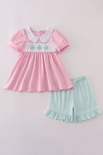 Pink teapot embroidery puff sleeve shorts set
