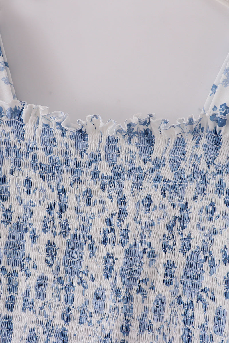 Blue smocked floral print mom dress