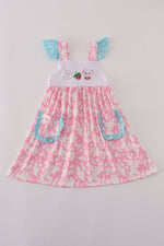 Pink strawberry milk cow embroidery ruffle dress