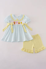 Blue character embroidery gingham ruffle shorts set
